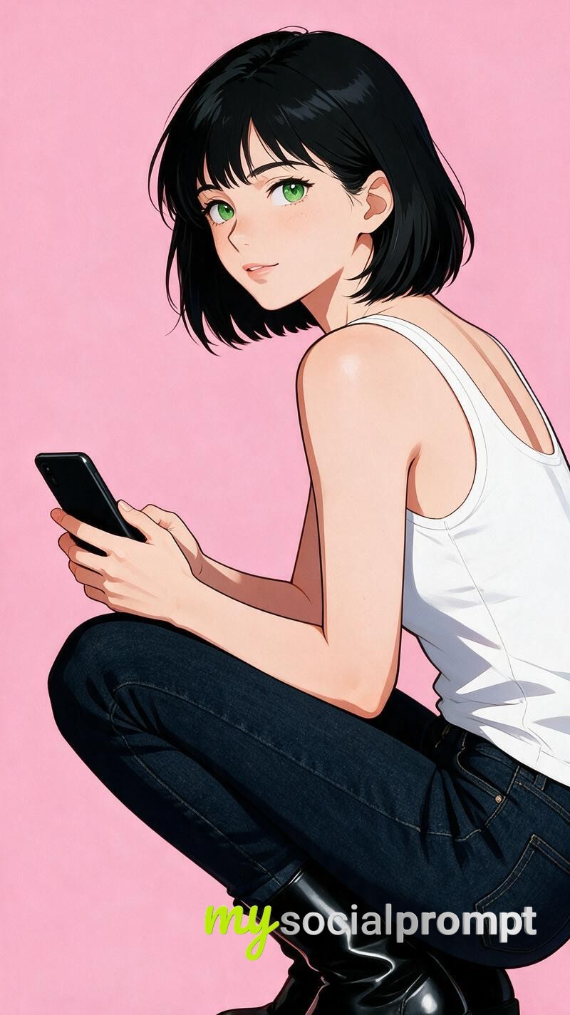 Minimalist Anime Portrait: Cel-Shaded Girl with Bob Cut in Pastel Pink