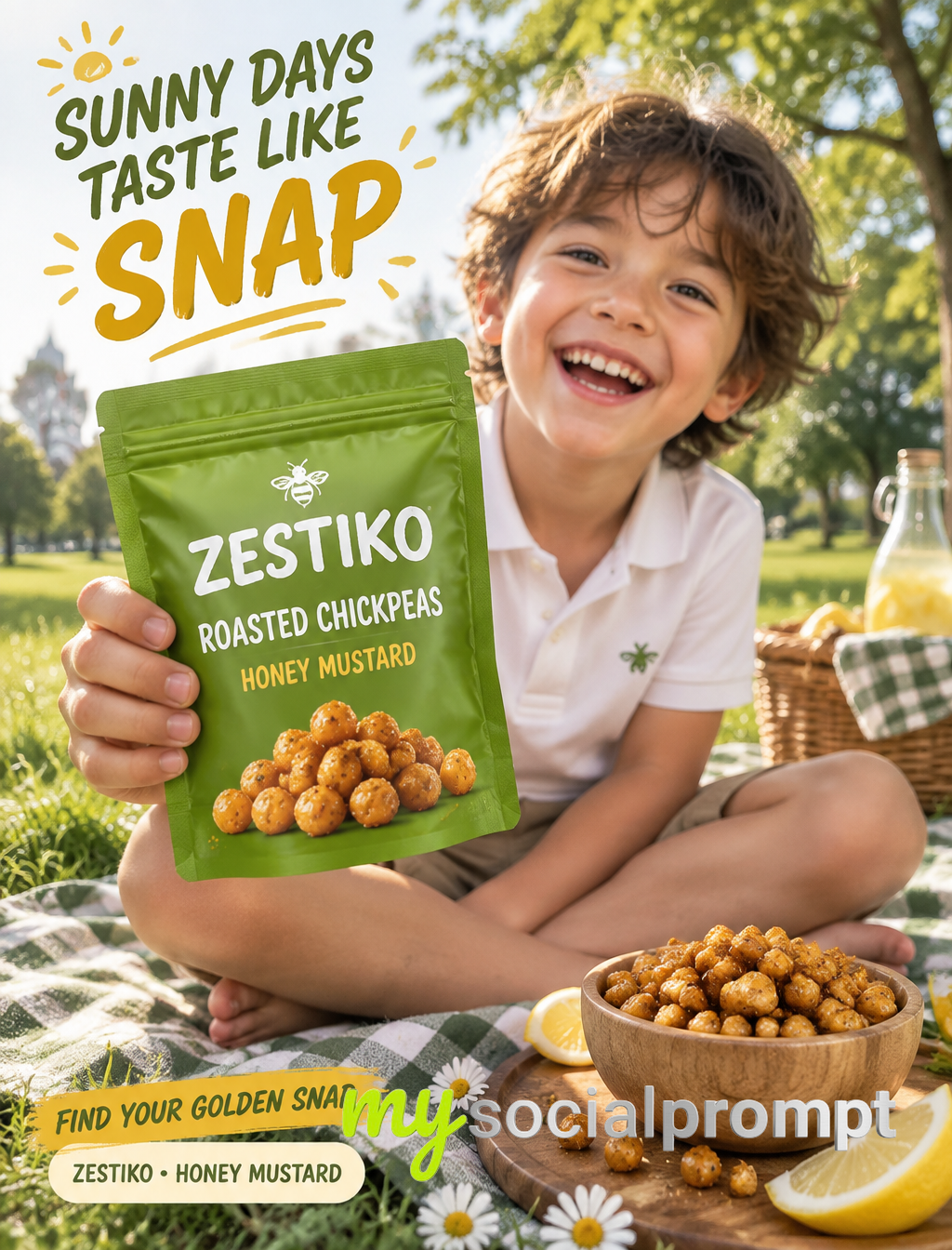 Spring Picnic Product Photography: ZESTIKO Honey Mustard Chickpeas Poster with Cinematic Lighting