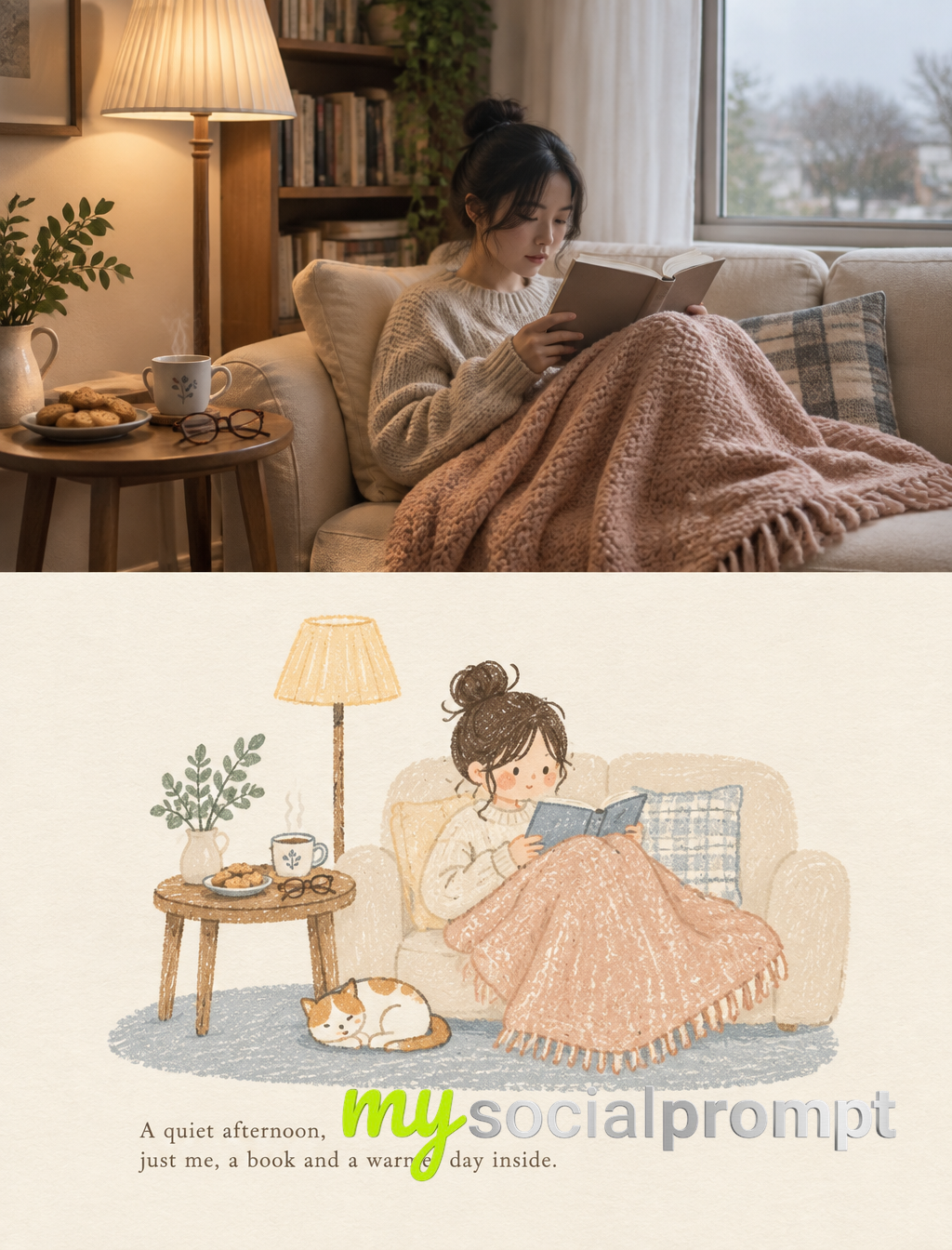 Cozy Reading Nook: Creamy Editorial Illustration with Photographic Realism