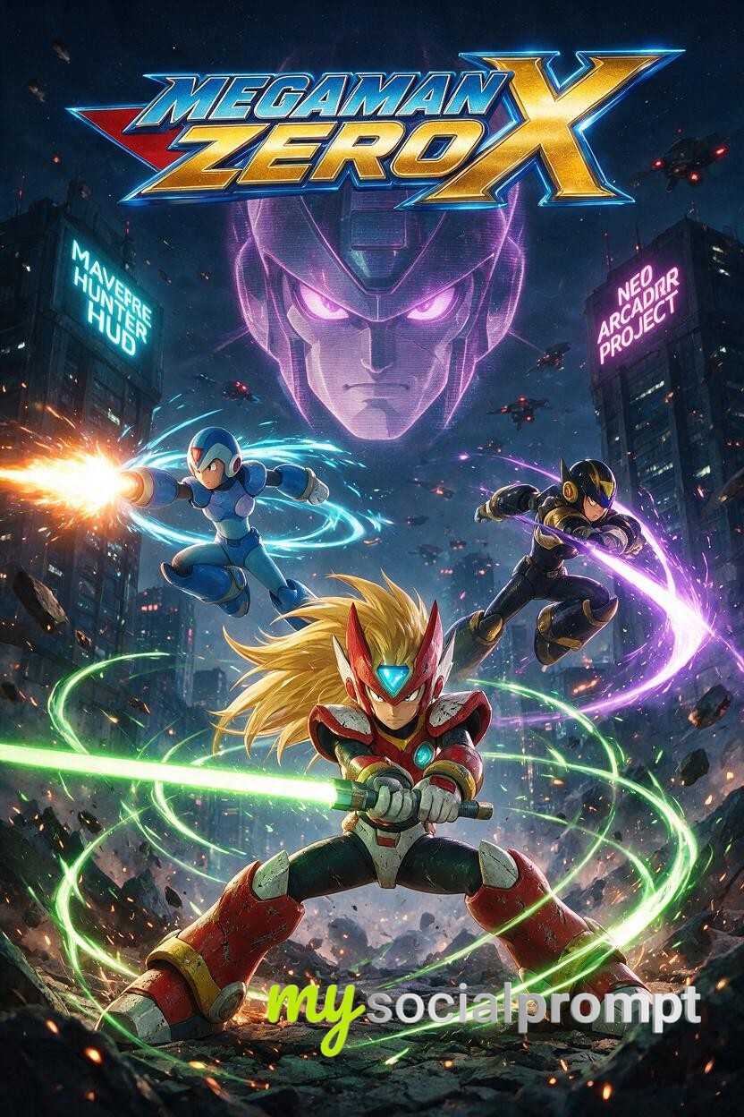 Epic Mecha Showdown: Zero & X in Neon Dystopian Cinematic Poster