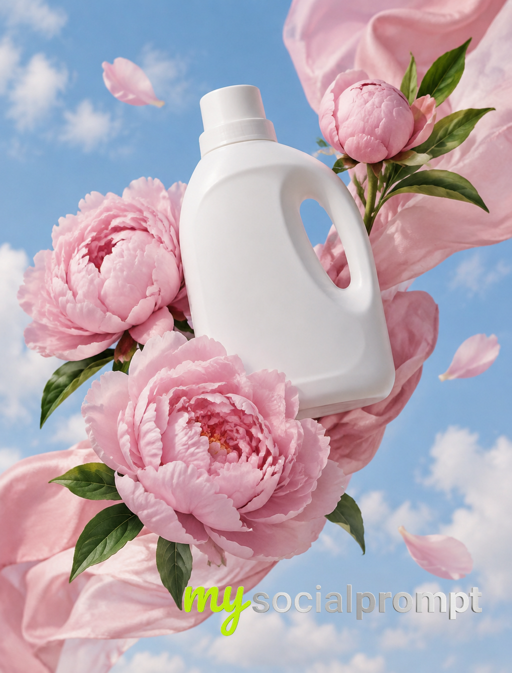 Surrealist Product Photography: Floating Matte Bottle with Pink Peonies