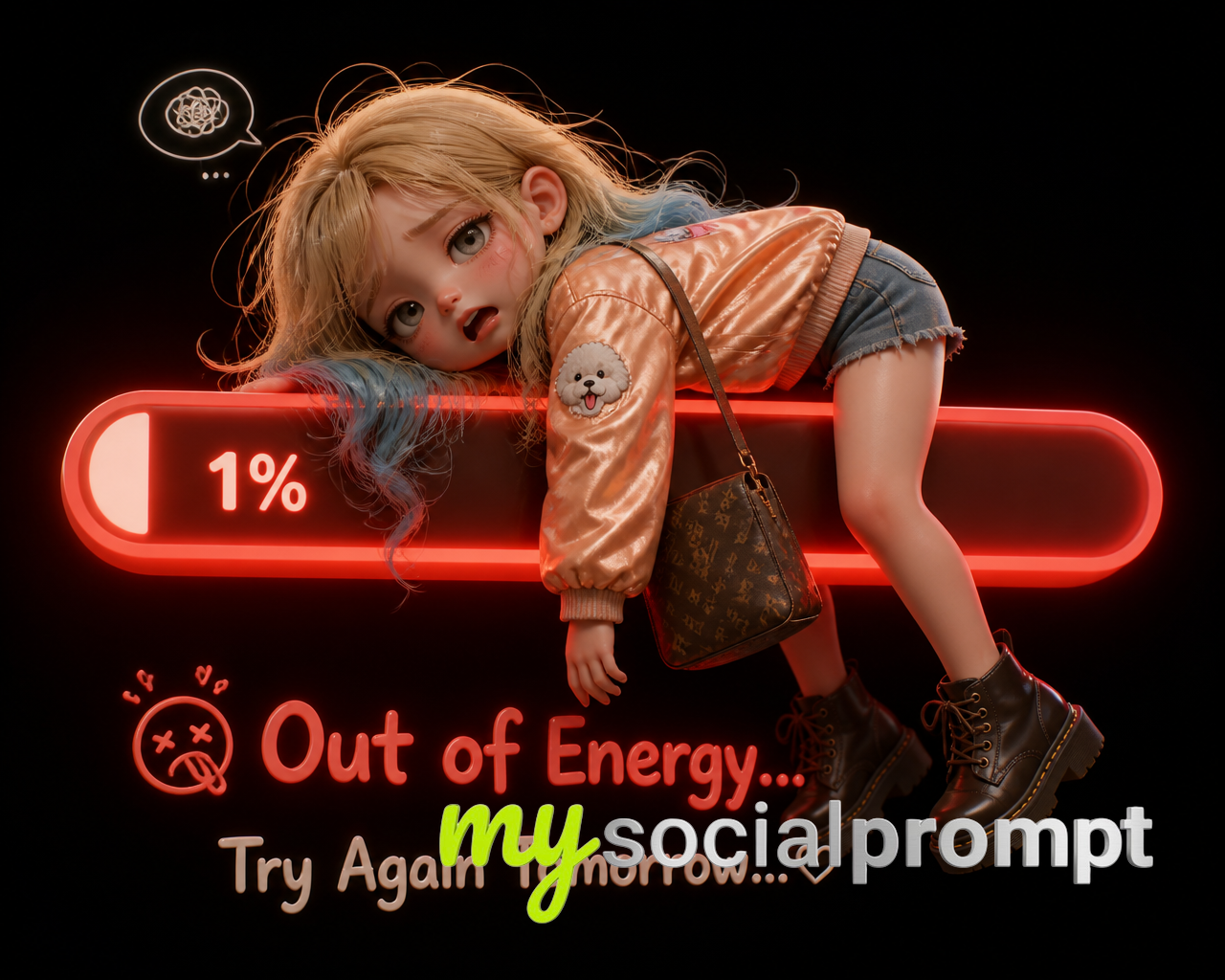 Cinematic 3D Storybook: Exhausted Girl on Glowing 1% Loading Bar, Cute & Funny
