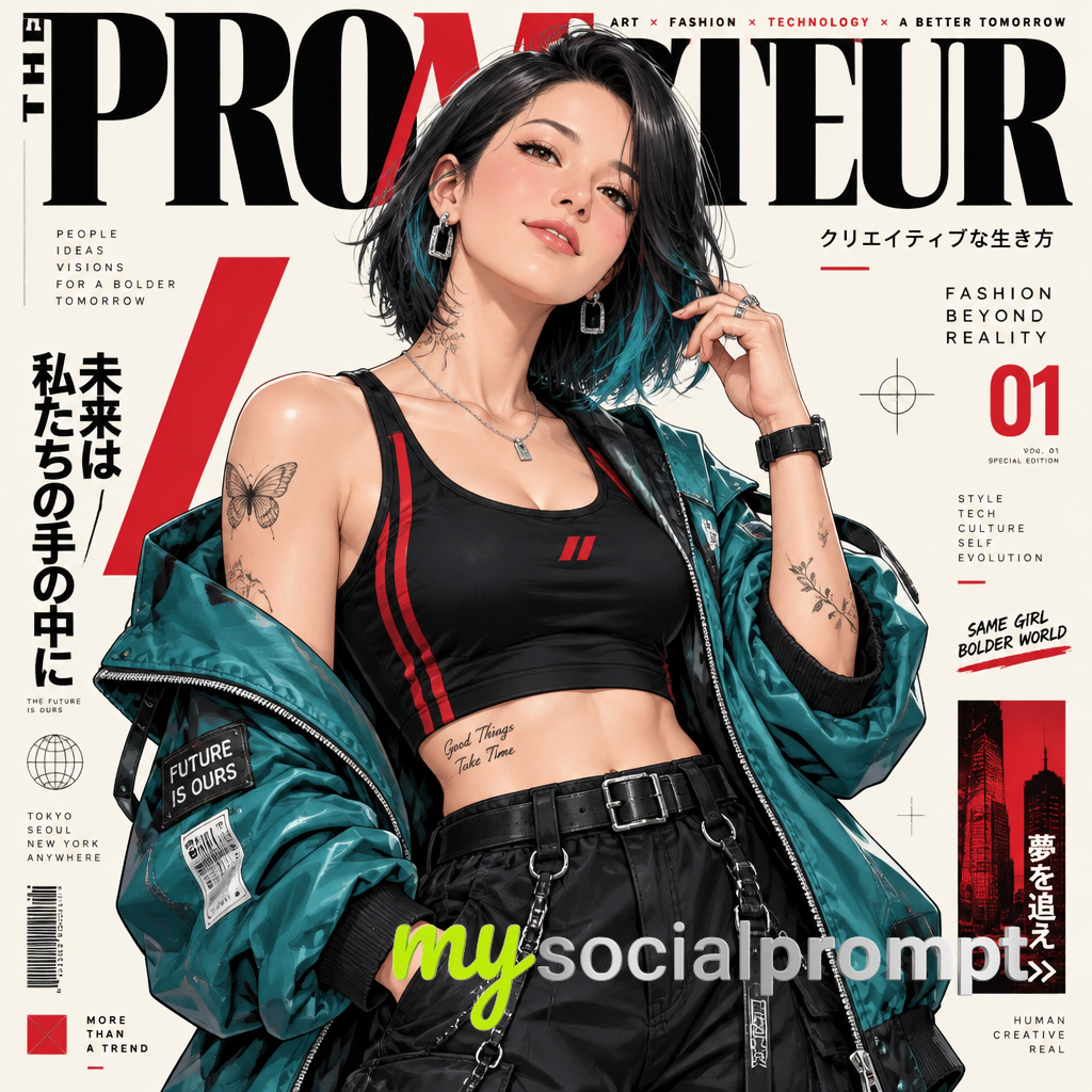 Cyberpunk Anime Portrait: Teal-Haired Rebel on Editorial Magazine Cover