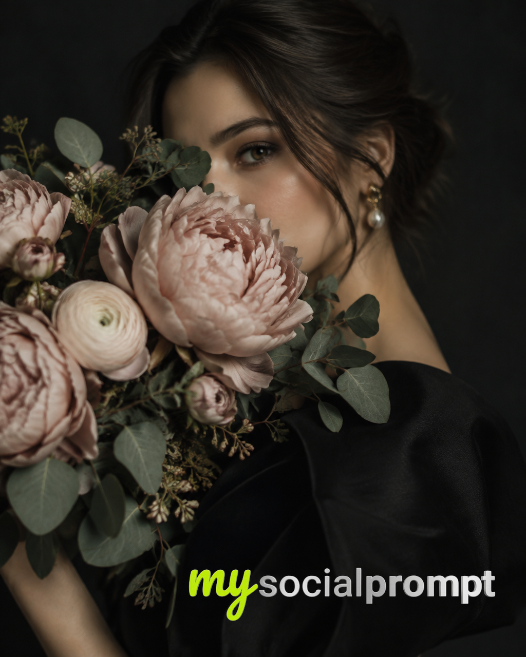 Editorial Floral Portrait: Face Obscured by Blush Peonies in Cinematic Black Studio