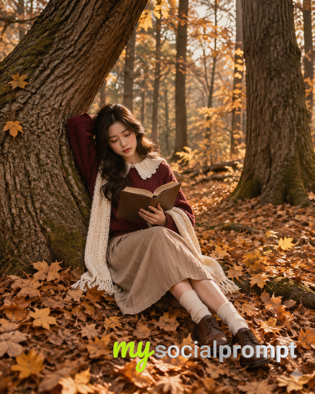 Cinematic Autumn Fashion Portrait: East Asian Woman Reading Under Golden Forest Light