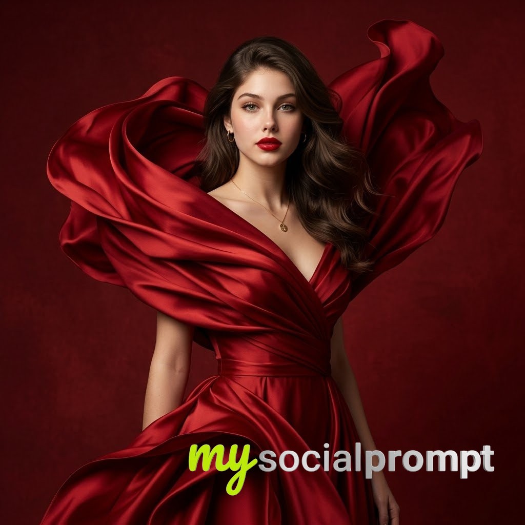 Sculptural Crimson Silk Couture Portrait with Hyper-Real Editorial Lighting