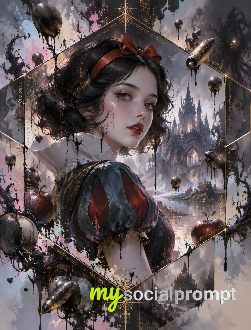 Eldritch Snow White: Hexagonal Ink Portrait with Pastel Splash