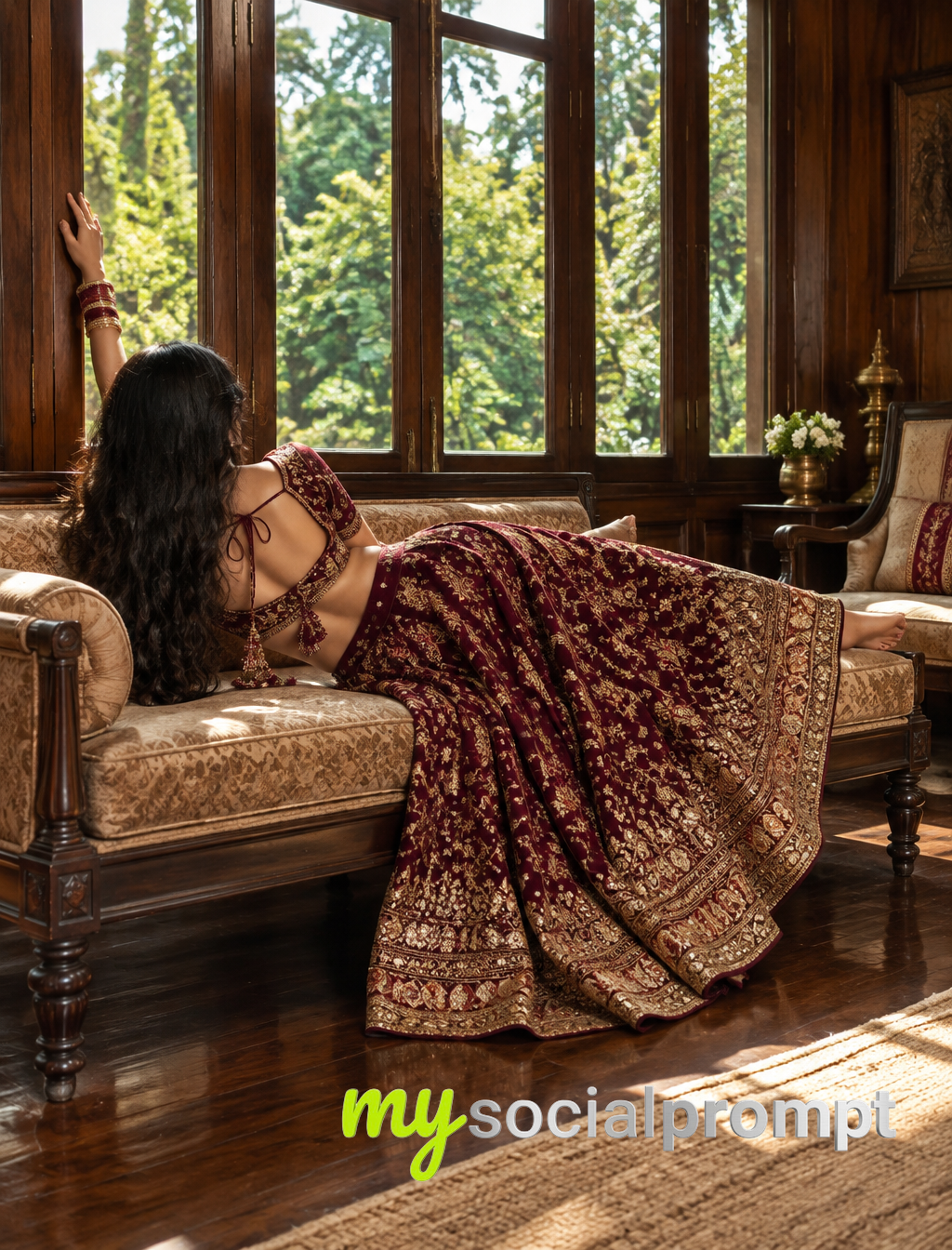Cinematic Hyper-Realistic Portrait of Indian Woman in Burgundy Lehenga on Vintage Daybed