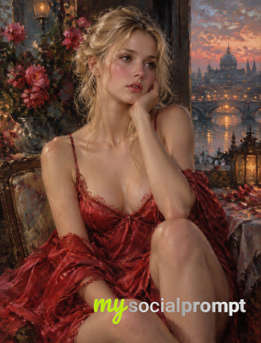 Melancholic Blonde Muse: Impressionist Portrait with Textured Paint and Ethereal Twilight Glow
