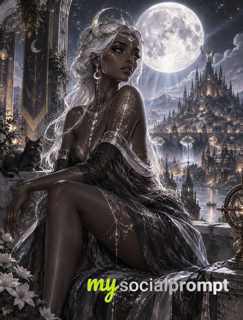 Lunar Goddess of the Silver City: Ethereal Digital Concept Art