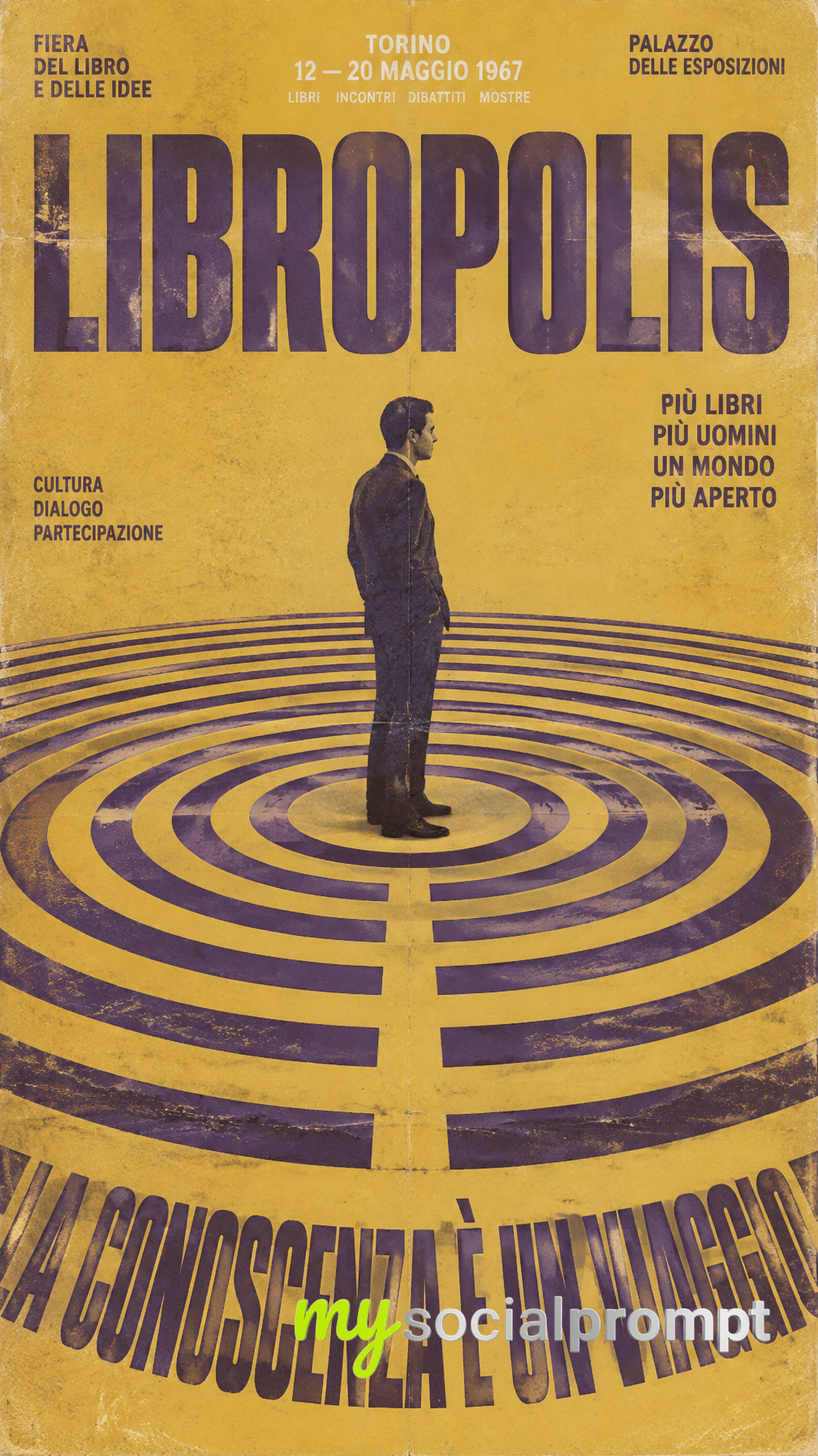 Vintage Italian Screen-Printed Poster: Minimalist Labyrinth Composition