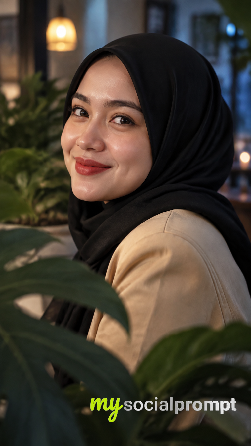 Editorial Portrait Photography: Smiling Woman in Black Hijab with Tropical Leaf Foreground and Soft Warm Lighting