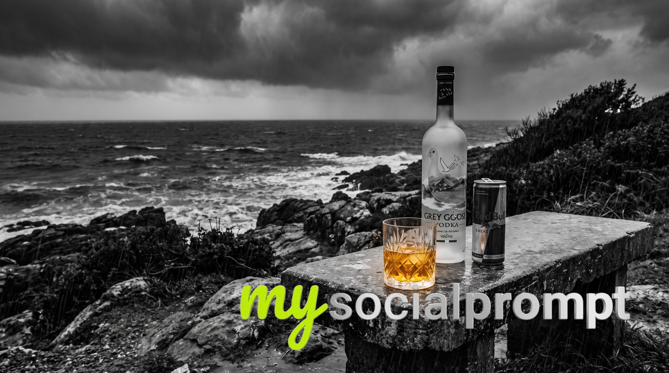 Cinematic Selective Color Photography: Grey Goose, RedBull, and Amber Glass on Stone Bench