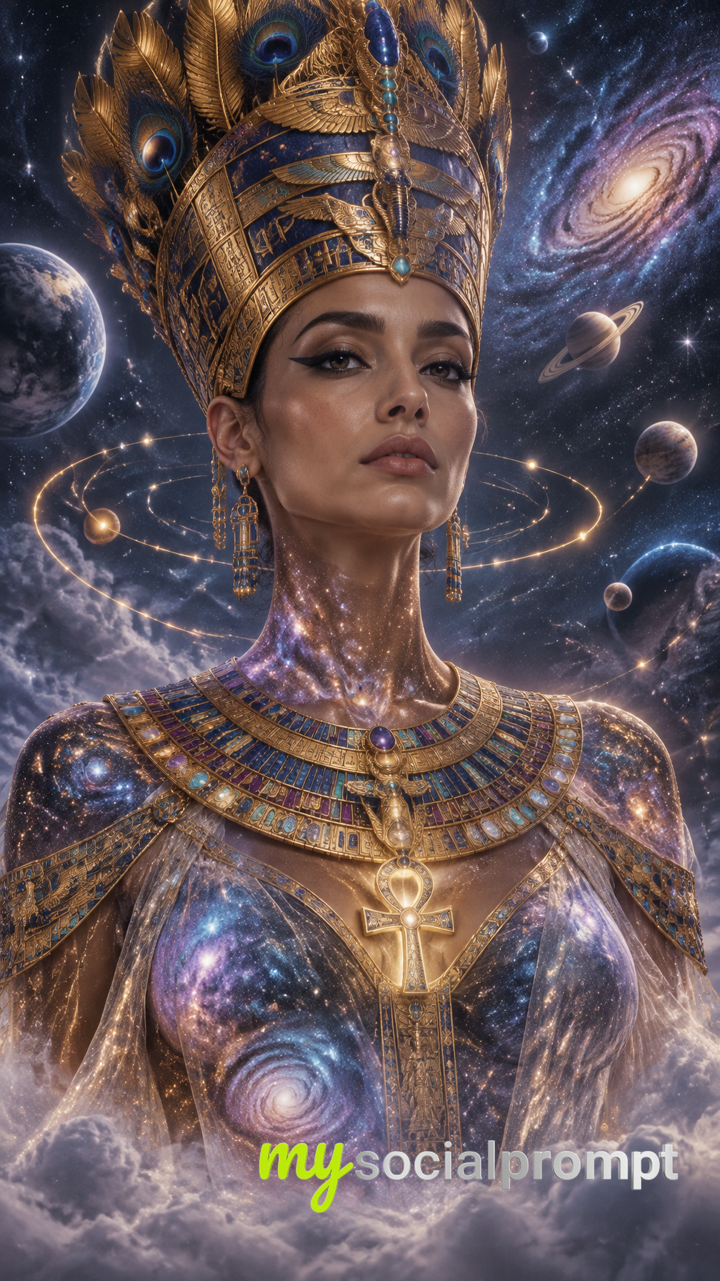 Cinematic Hyperreal Portrait of a Cosmic Egyptian Queen Inspired by Nefertiti
