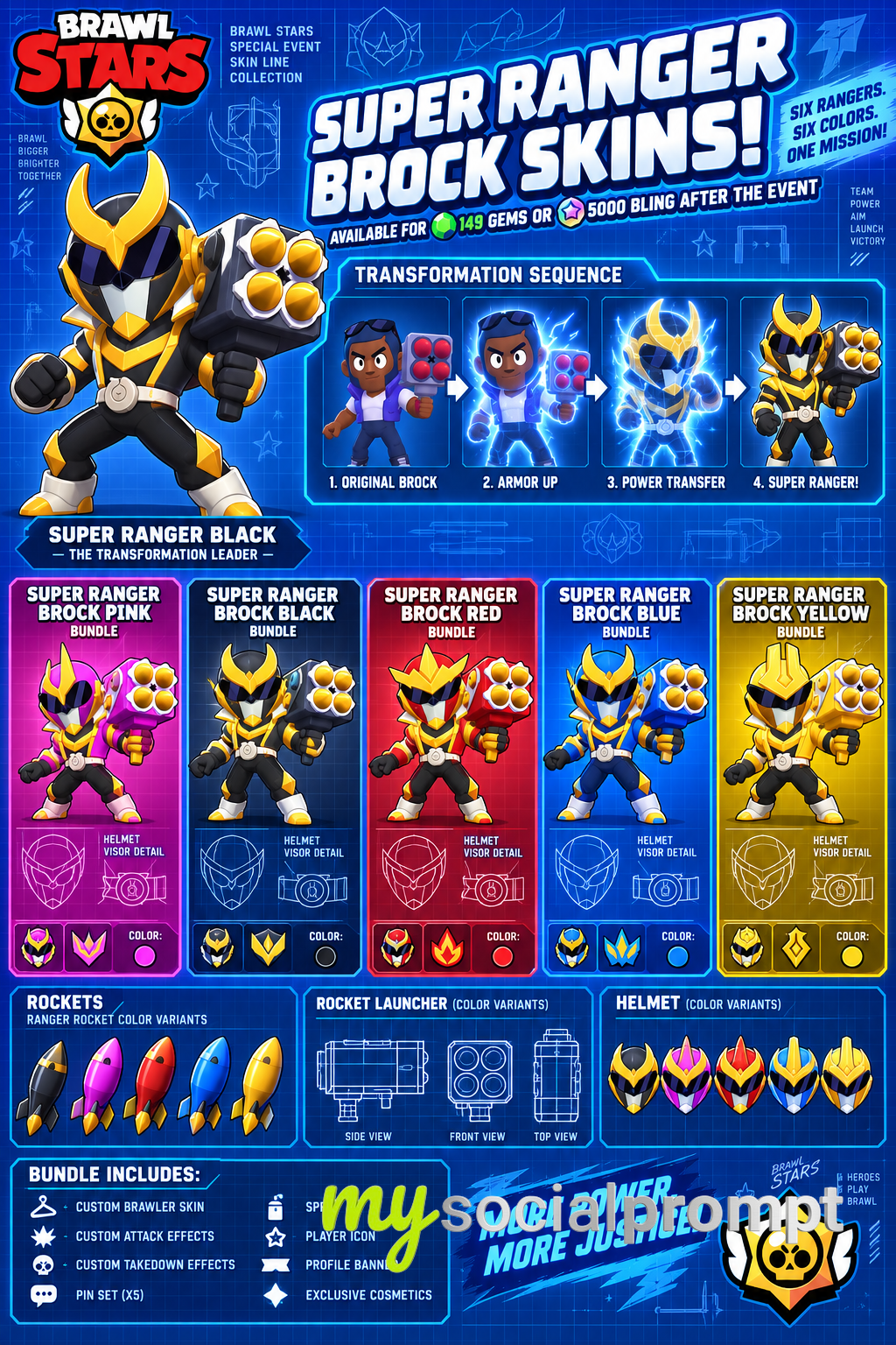 Super Ranger Brock Skins: Blueprint Infographic Concept Art for Brawl Stars