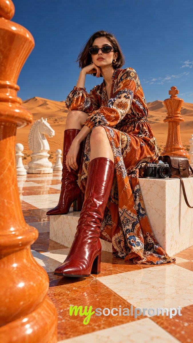 Surreal Desert Fashion Editorial: Monochrome Chessboard and Burnt-Orange Couture