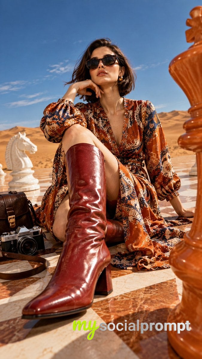 Surreal Desert Fashion Editorial: Monochrome Chessboard and Burnt-Orange Couture image 2