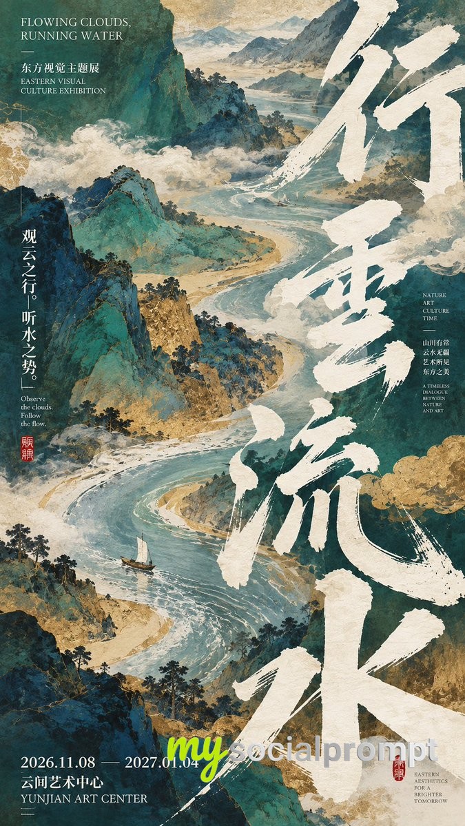 东方当代文化海报四联设计：水墨解构、现代展陈、彩墨巨字与黑底解构的视觉实验