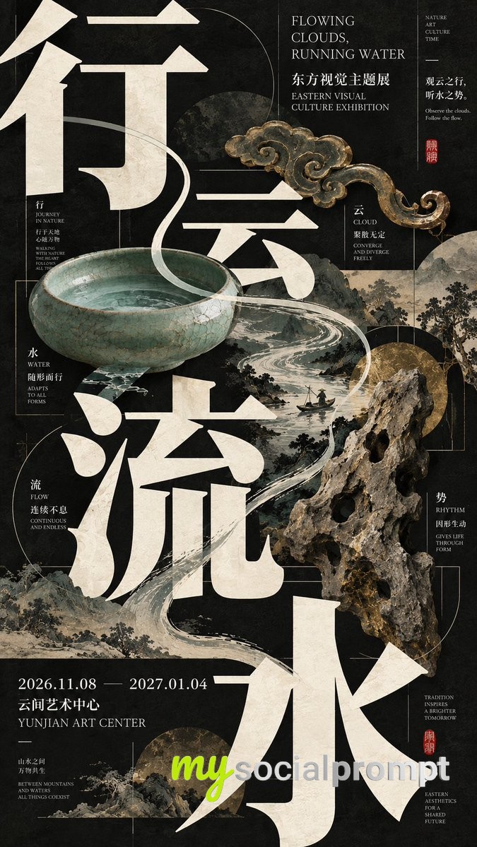 东方当代文化海报四联设计：水墨解构、现代展陈、彩墨巨字与黑底解构的视觉实验 image 2