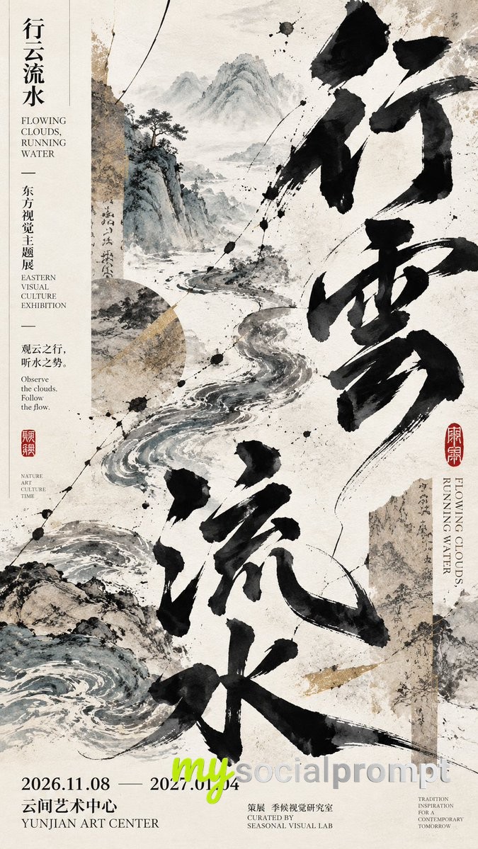 东方当代文化海报四联设计：水墨解构、现代展陈、彩墨巨字与黑底解构的视觉实验 image 3