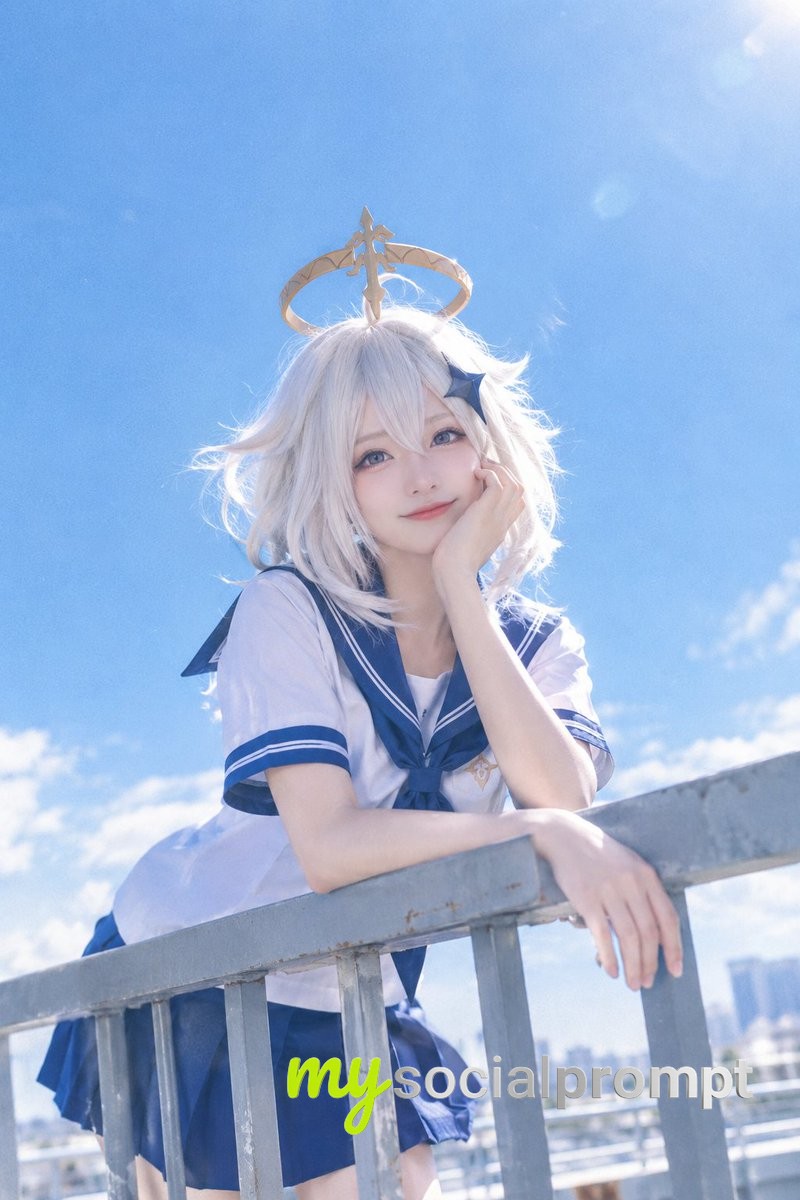 日系青春电影感人像：天台蓝天下的校服少女与胶片颗粒质感