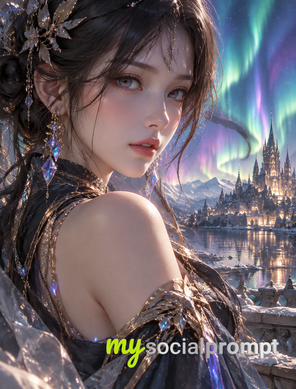 Ethereal Stylized Portrait with Vibrant Aurora Lighting and Intricate Detail