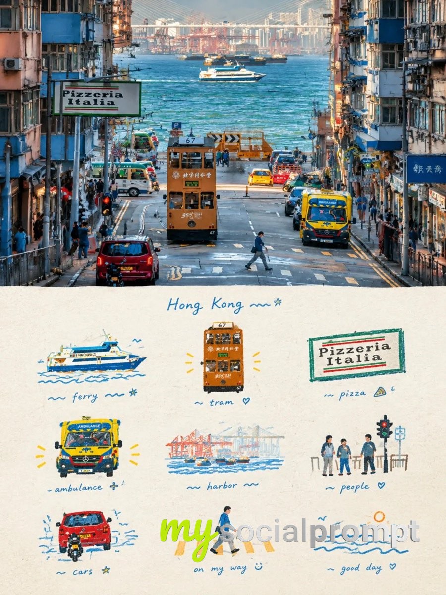 Hong Kong Travel Scrapbook Poster: Realistic Street Photo Meets Watercolor Journal