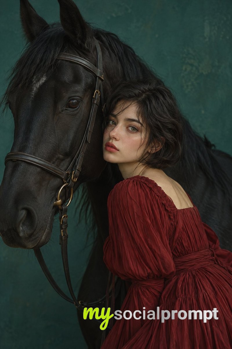 Editorial Portrait of a Woman with Black Horse Against Teal Wall