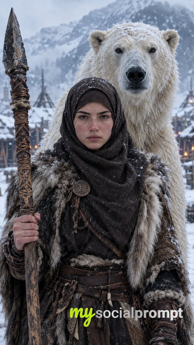 Hyper-Realistic Arctic Chieftain Portrait with Polar Bear Guardian
