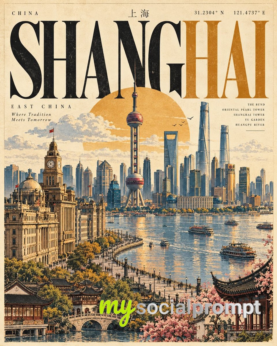 Mid-Century Vintage Travel Poster: Engraved Architectural Cityscape with Editorial Serif Typography