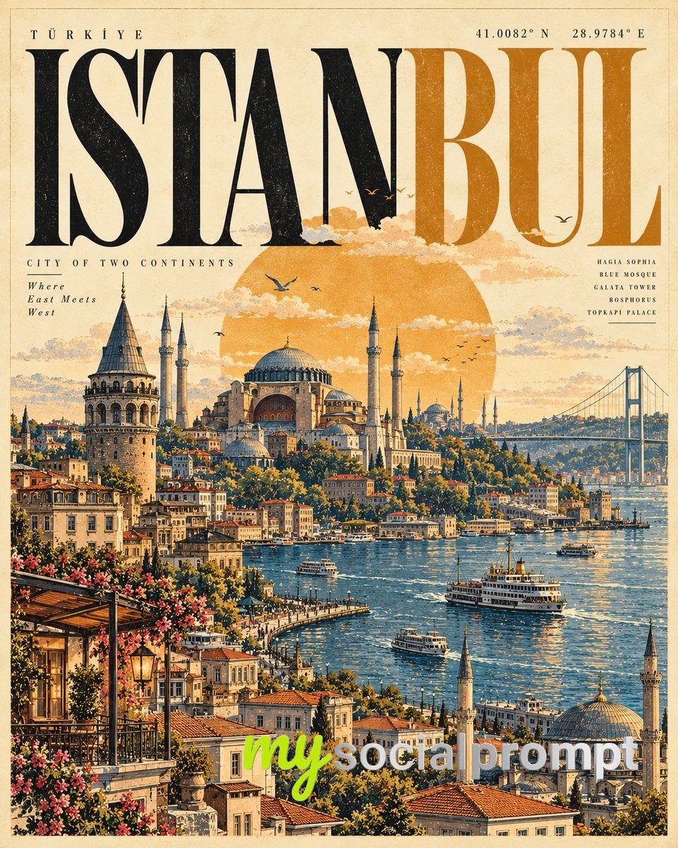 Mid-Century Vintage Travel Poster: Engraved Architectural Cityscape with Editorial Serif Typography image 3