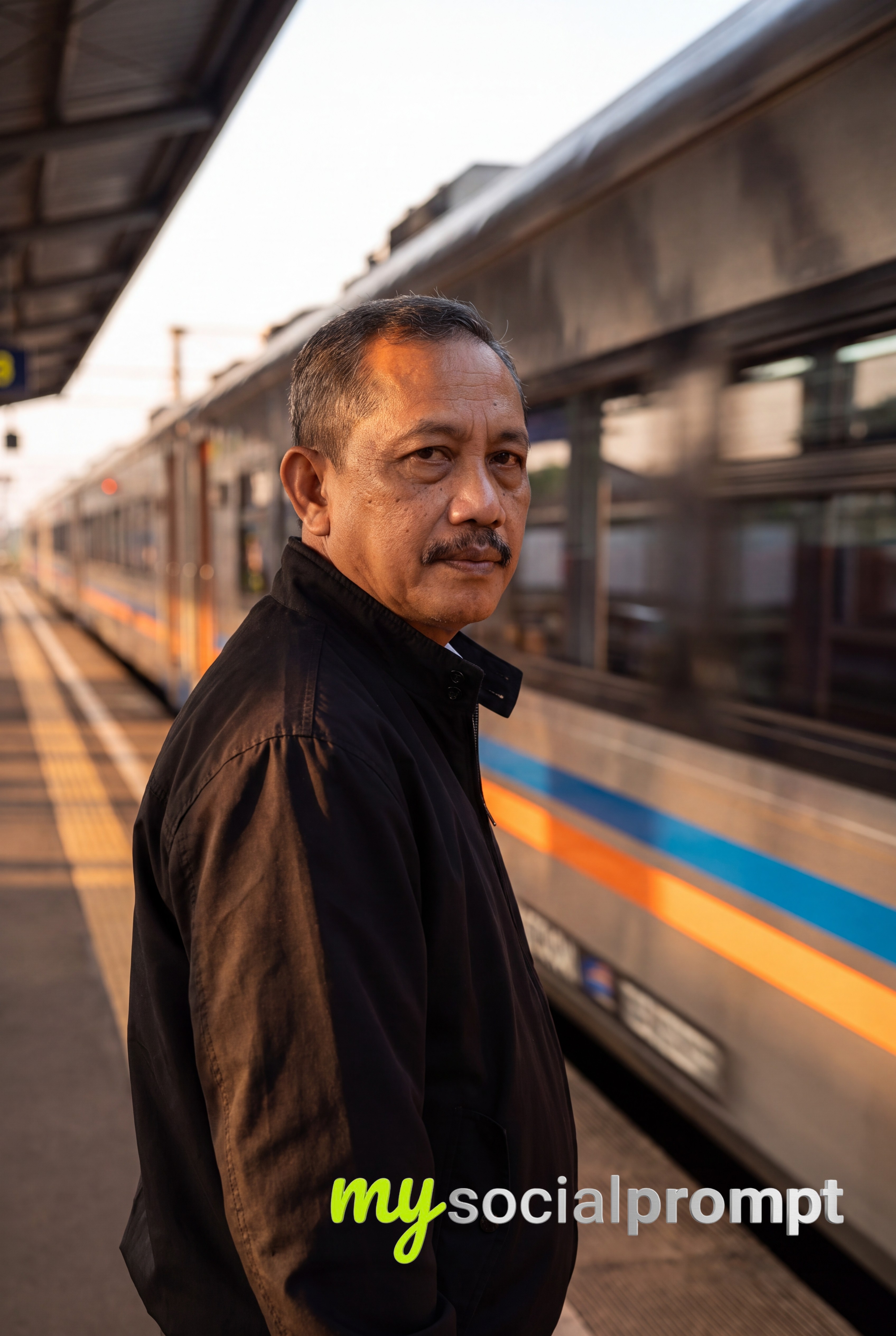 Cinematic Side-Profile Portrait of a Man at an Indonesian Railway Station During Golden Hour