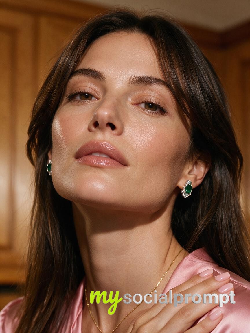 Hyper-realistic Beauty Portrait: Emerald Jewelry and Warm Frontal Lighting