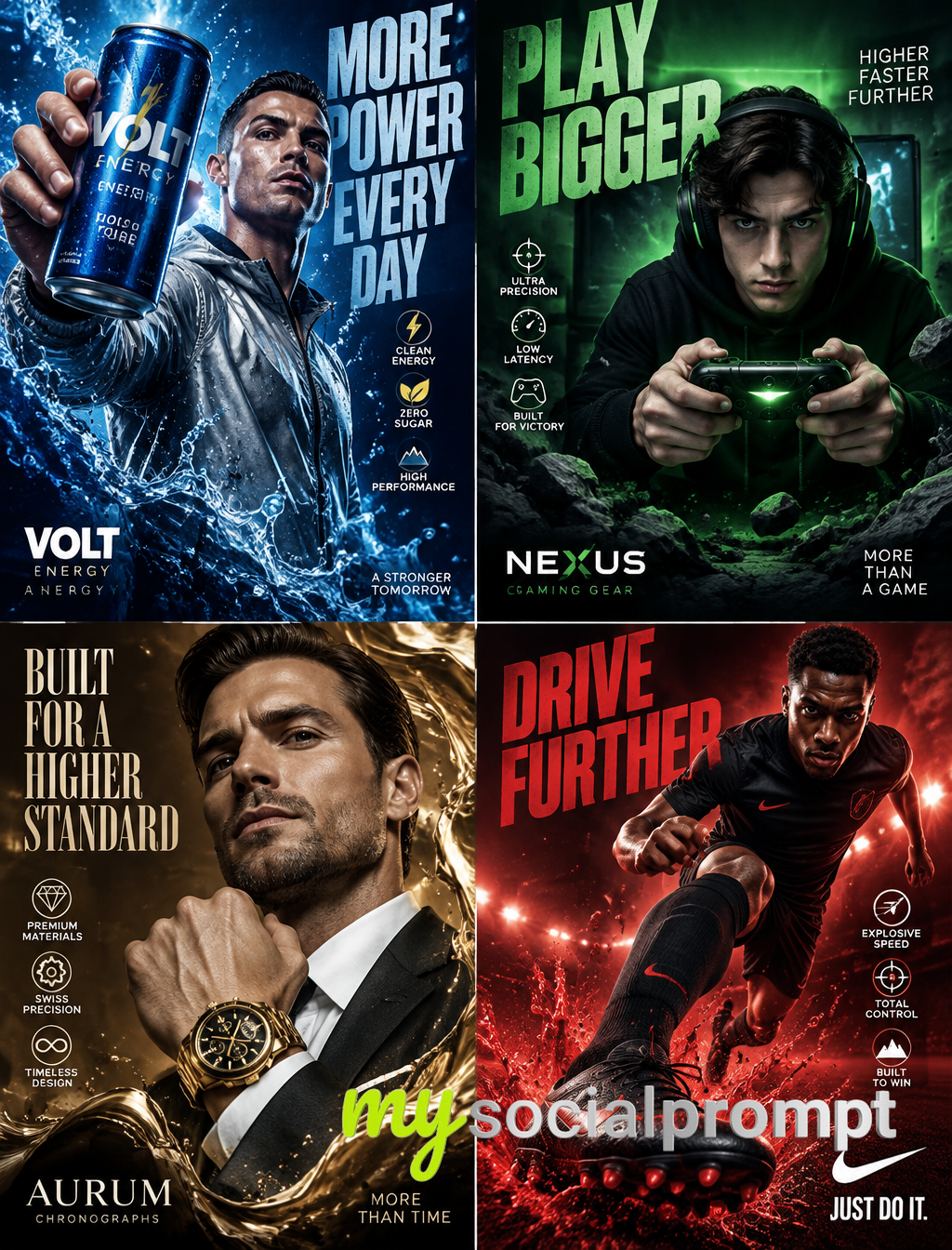 Four-Panel Sports Campaign Collage with Cinematic Commercial Realism