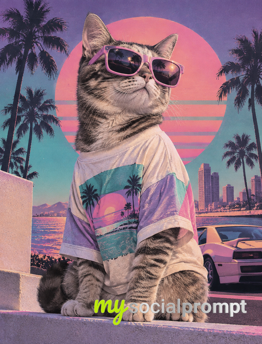 Retro 90s Streetwear Cat Poster: Neon Fashion Editorial Illustration