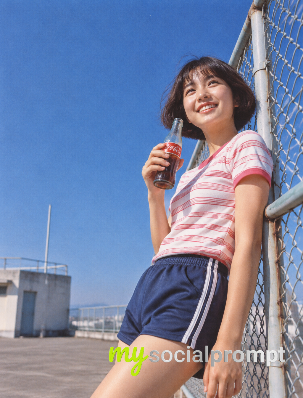 Minimalist Low-Angle Portrait: Retro Japanese Schoolgirl with Vintage Kodachrome Aesthetic
