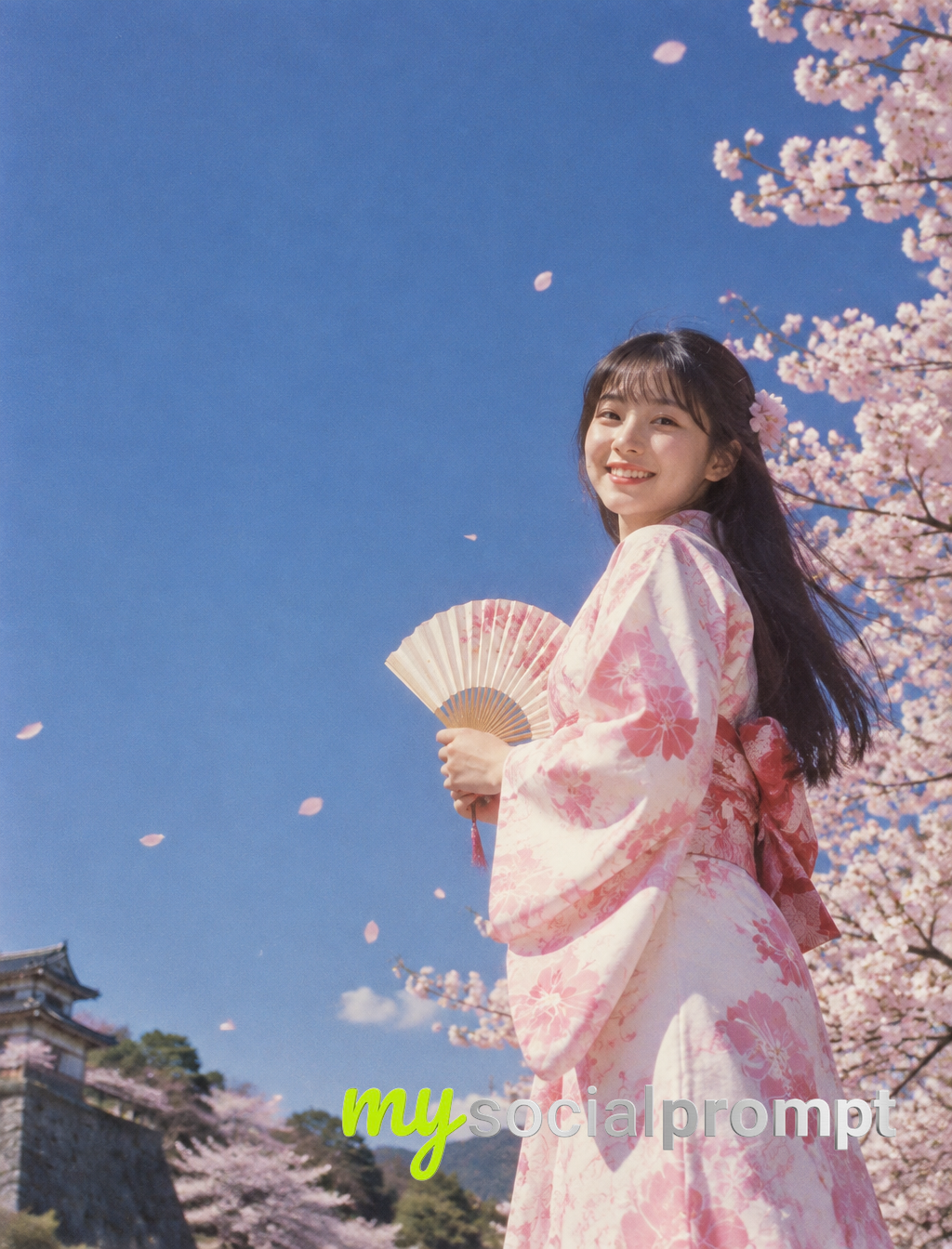 Cinematic Kodachrome Portrait of a Kimono-Clad Girl in a Cherry Garden