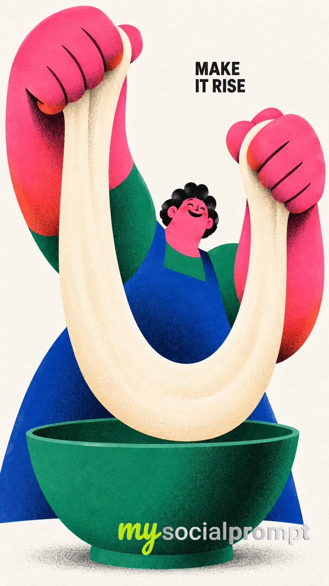 Flat Geometric Editorial Poster of a Baker Stretching Dough in Cobalt and Hot Pink