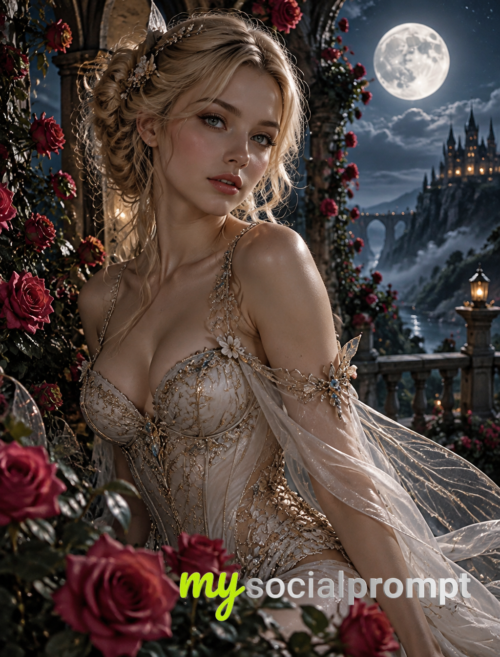 Ethereal Fairy Portrait: Moonlit Rose Garden Fantasy in 8K Detail