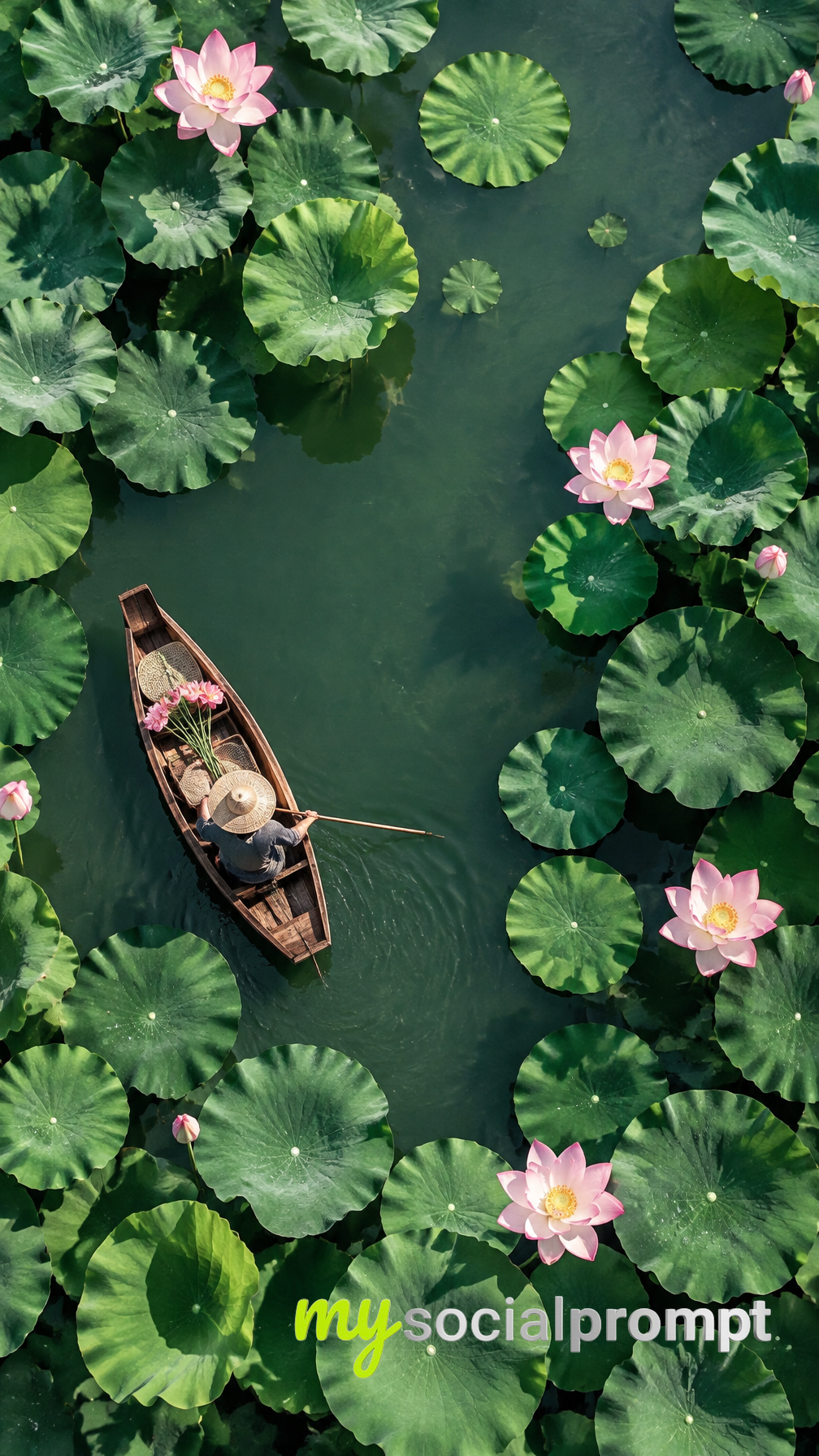 Serene Fisherman in Lotus Pond: Minimalist Top-Down Fine Art Photography