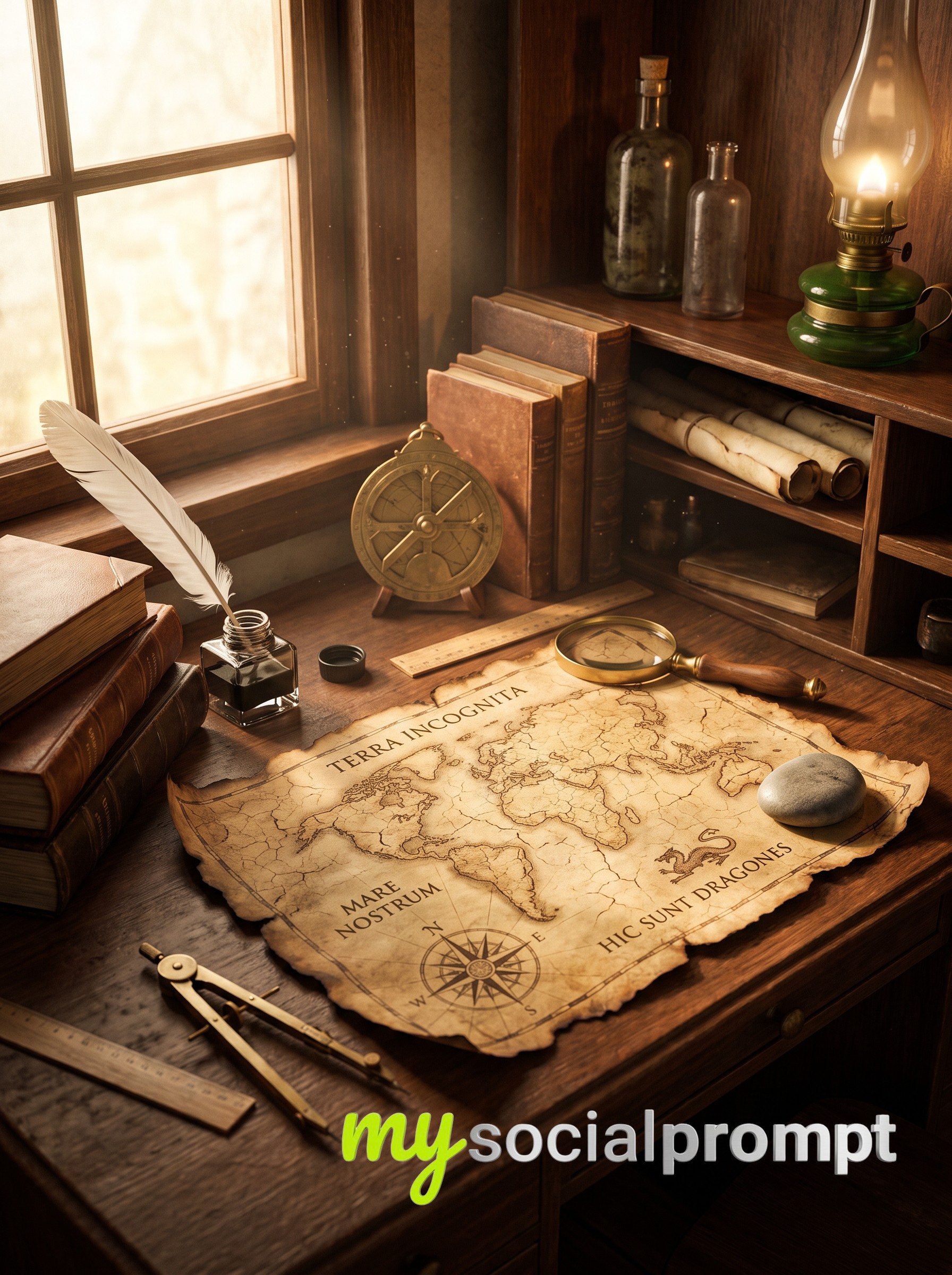 Ancient Explorer's Desk: Cinematic Still Life with Antique Map and Astrolabe