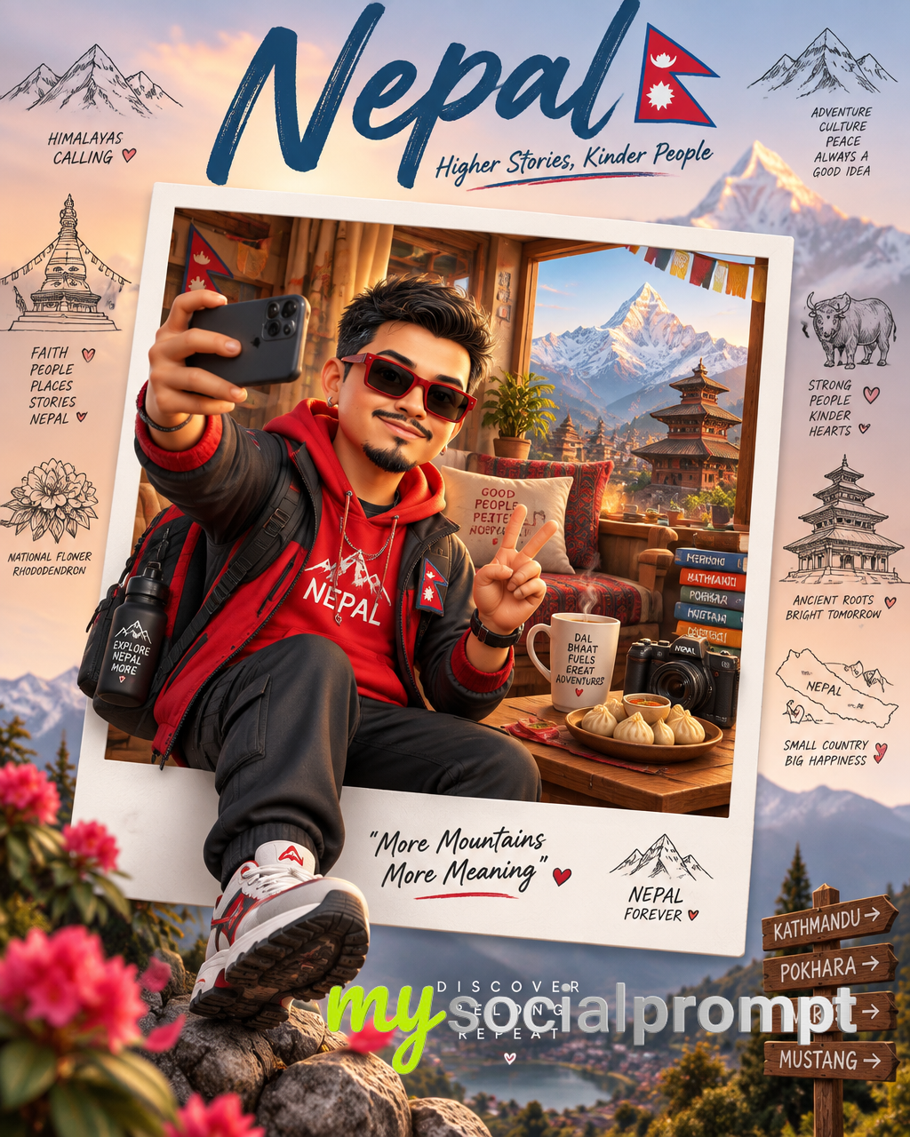Whimsical 3D Travel Poster of Nepal with Selfie Character in Polaroid Frame