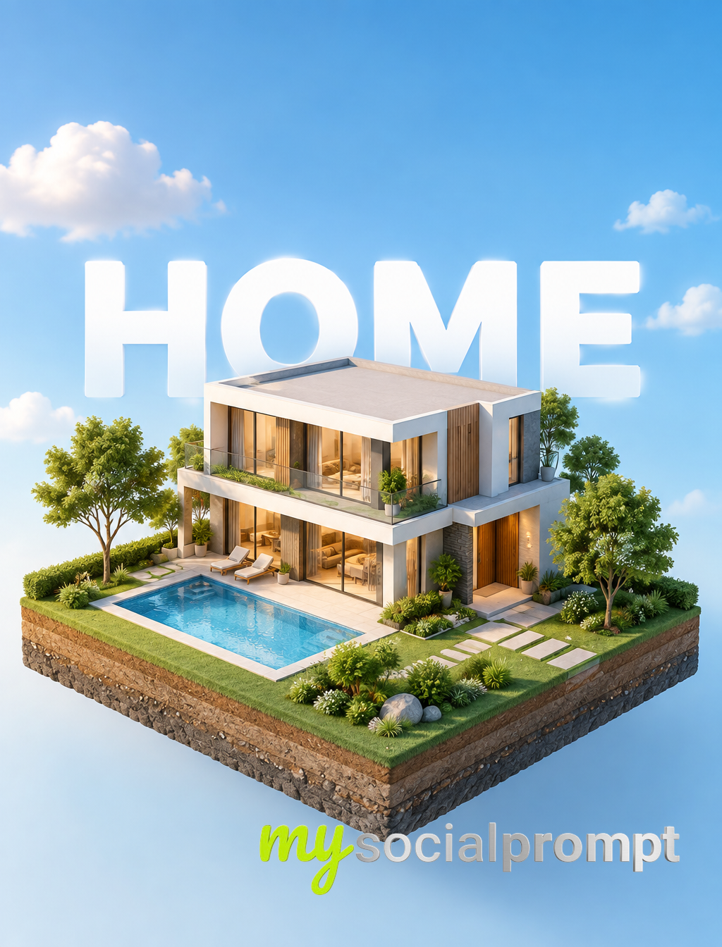 Isometric 3D Real Estate Render of Modern Villa on Floating Land Block