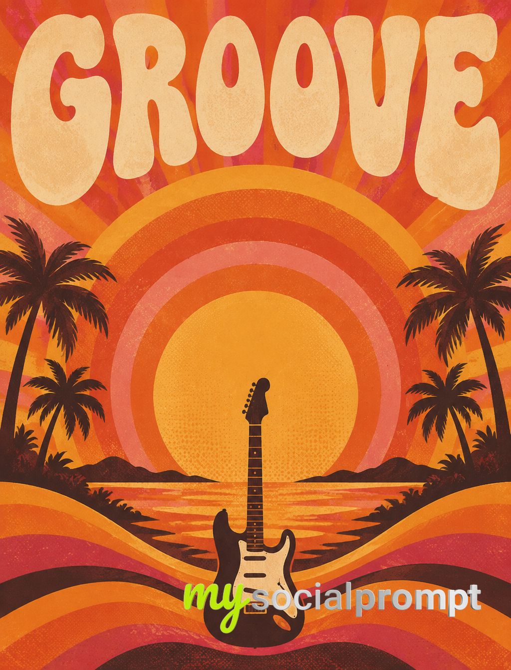 Retro 1970s Groove Music Festival Poster with Psychedelic Sun and Guitar Silhouette