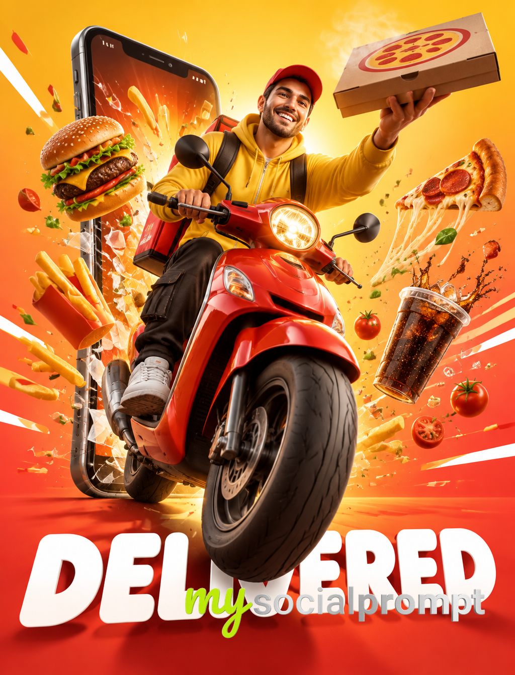 Dynamic 3D Food Delivery Hero: Vibrant Commercial Poster Design