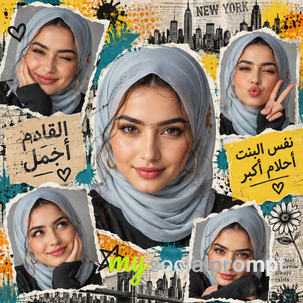 Vintage Pop Art Scrapbook Collage: Arabic Typography & Mixed Media Portrait