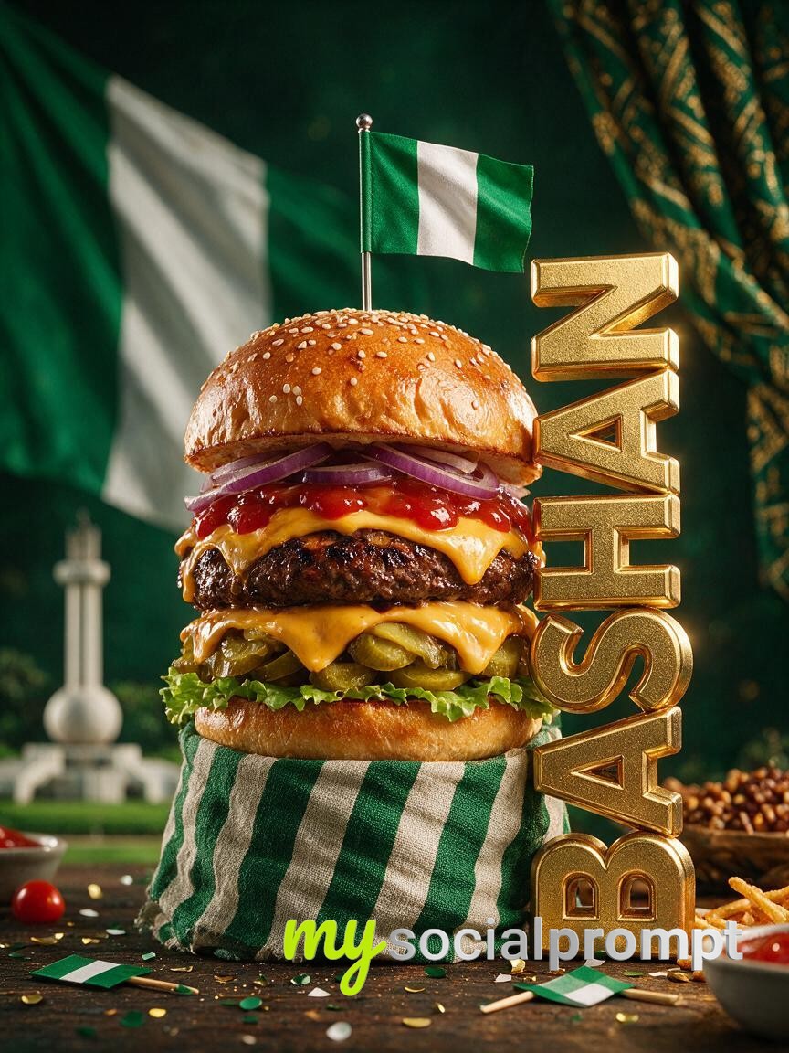 Hyper-Realistic Nigerian Independence Burger with Gold 3D Typography