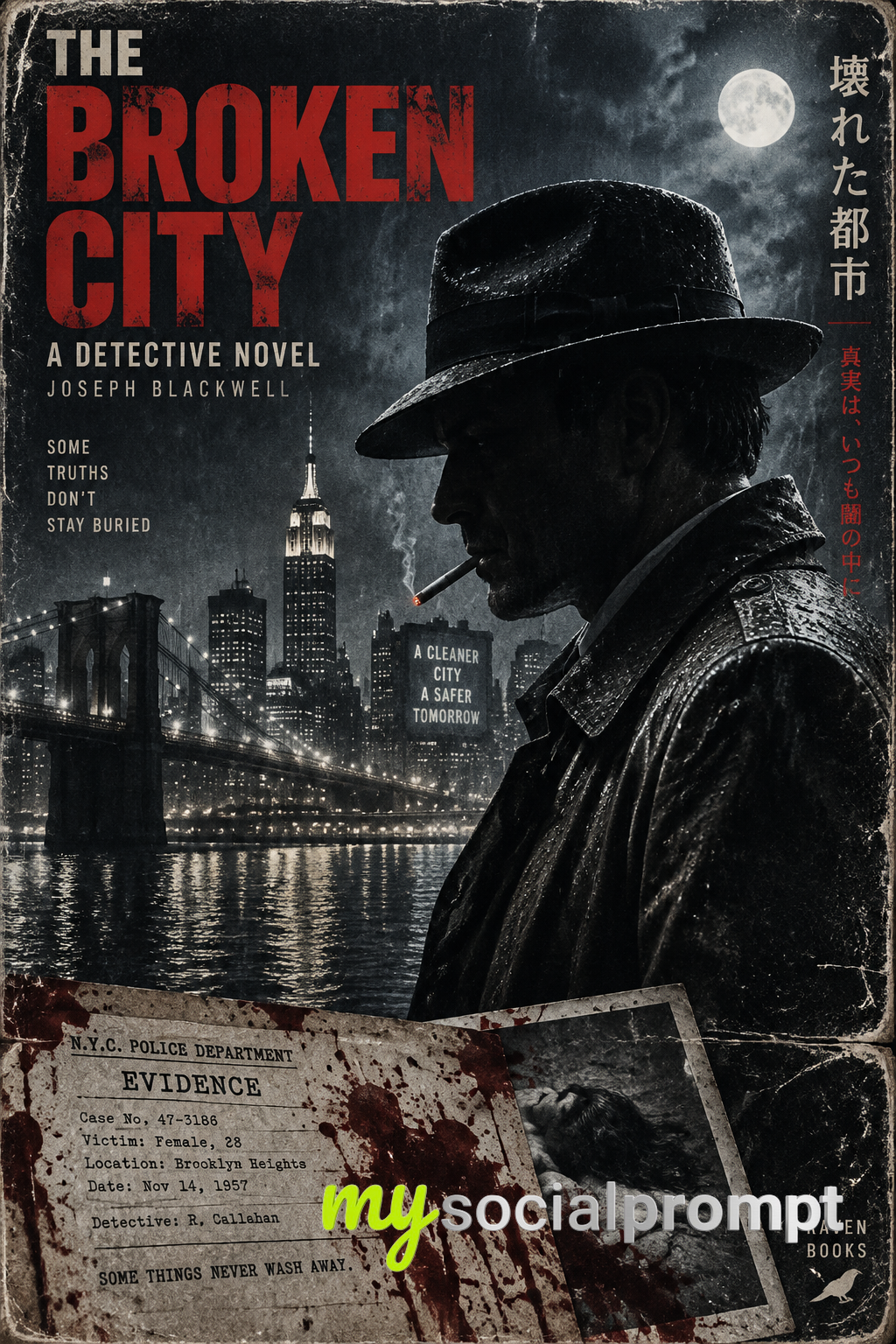 Cinematic Pulp-Noir Book Cover: Fedora Detective in Moonlit New York
