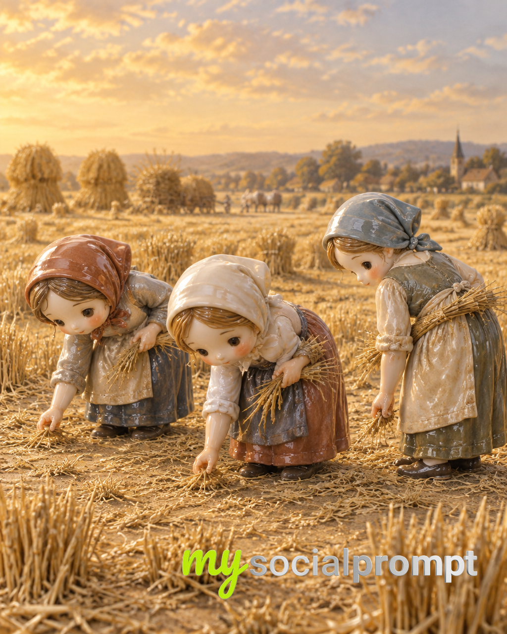 Q-Version Ceramic Tableau of Millet’s Gleaners in Golden Wheat