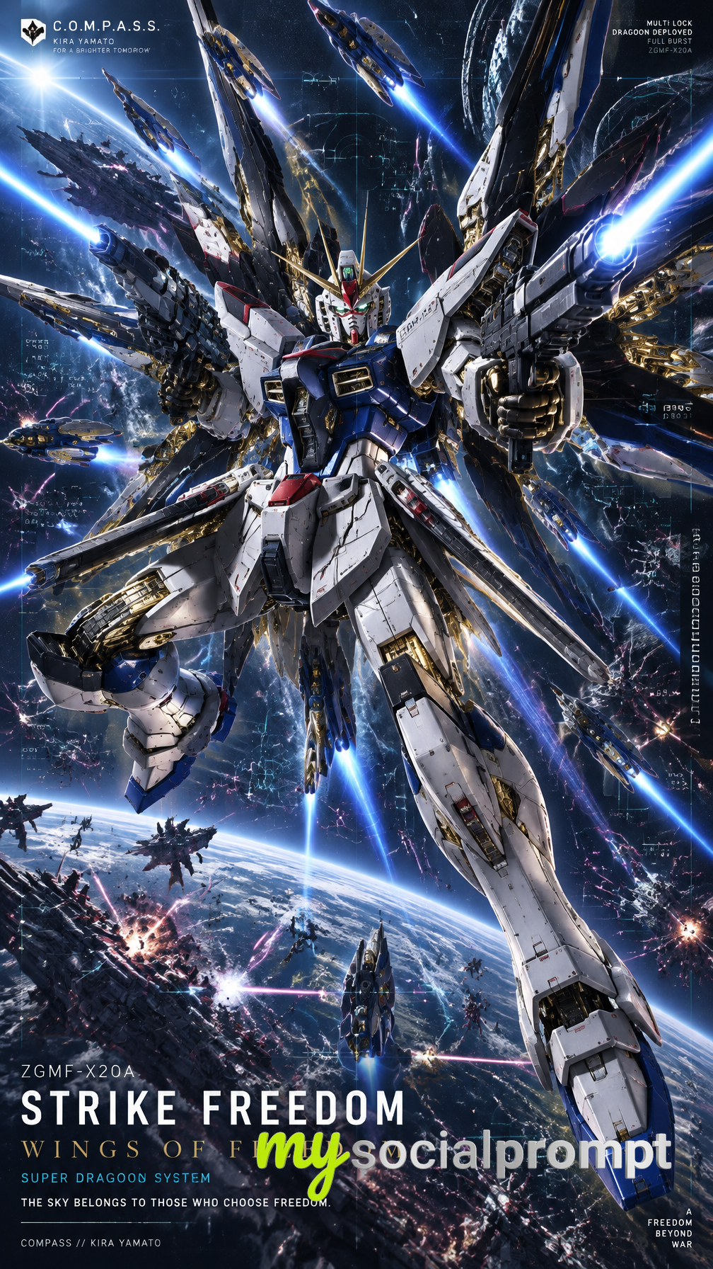 Cinematic Low-Angle Strike Freedom Gundam with Super DRAGOON Wings